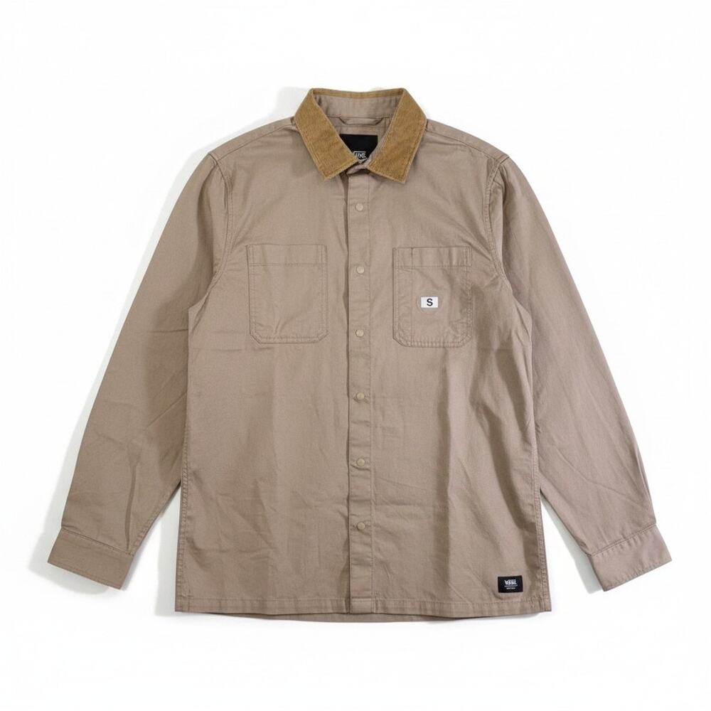 NWT VANS Men Campus Corduroy Collar Button Front Tan S Skater Utility Streetwear